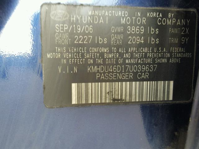 KMHDU46D17U039637 - 2007 HYUNDAI ELANTRA GL BLUE photo 10