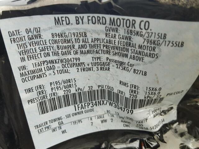 1FAFP34NX7W304799 - 2007 FORD FOCUS ZX4 BLACK photo 10