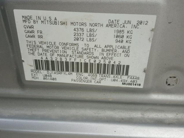 4A32B3FF1CE025042 - 2012 MITSUBISHI GALANT ES SILVER photo 10