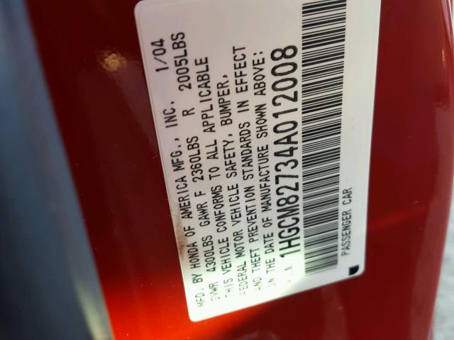 1HGCM82734A012008 - 2004 HONDA ACCORD EX RED photo 10