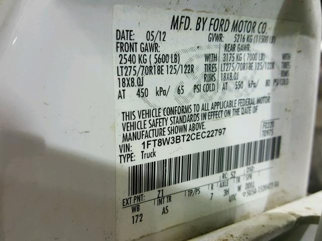 1FT8W3BT2CEC22797 - 2012 FORD F350 SUPER WHITE photo 10