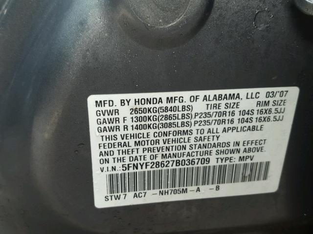 5FNYF28627B036709 - 2007 HONDA PILOT EXL GRAY photo 10