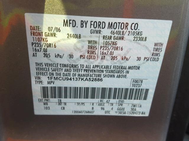 1FMCU94137KA52886 - 2007 FORD ESCAPE LIM GRAY photo 10