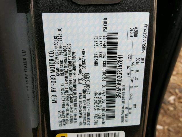 3FA6P0HD2GR162841 - 2016 FORD FUSION SE CHARCOAL photo 10