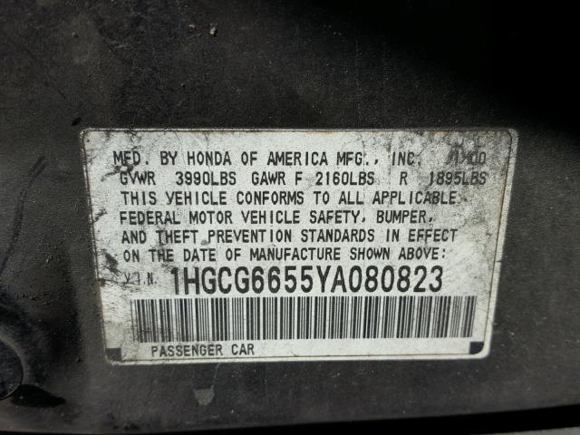 1HGCG6655YA080823 - 2000 HONDA ACCORD LX BLACK photo 10