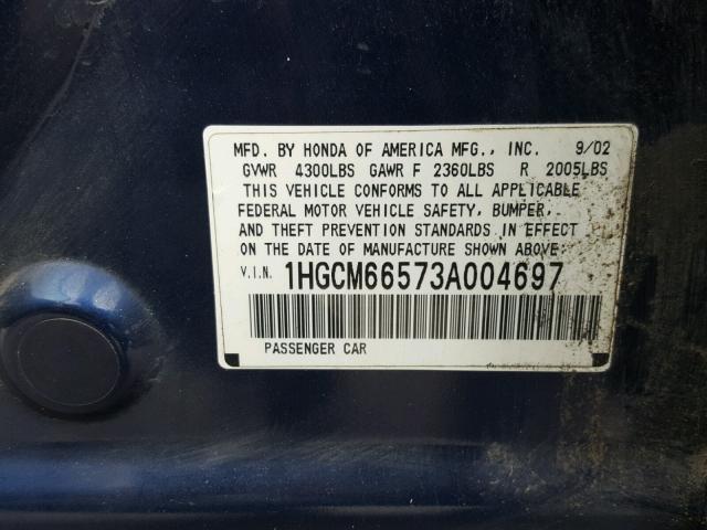 1HGCM66573A004697 - 2003 HONDA ACCORD EX BLUE photo 10