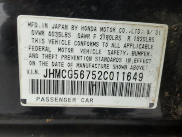 JHMCG56752C011649 - 2002 HONDA ACCORD SE BLACK photo 10