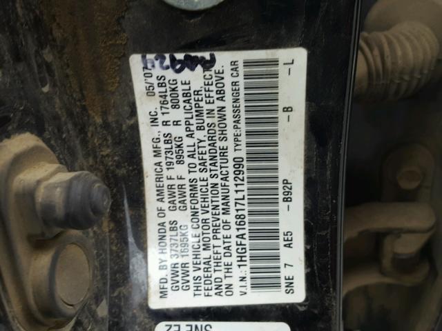 1HGFA16817L112990 - 2007 HONDA CIVIC EX შავი ფოტო 10