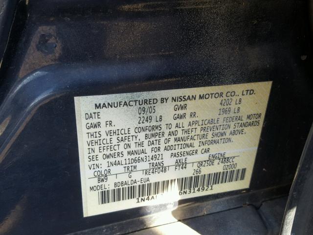 1N4AL11D66N314921 - 2006 NISSAN ALTIMA S BLUE photo 10