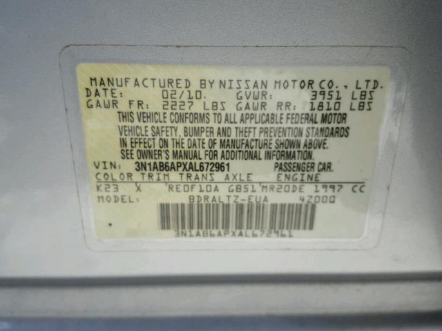 3N1AB6APXAL672961 - 2010 NISSAN SENTRA 2.0 SILVER photo 10