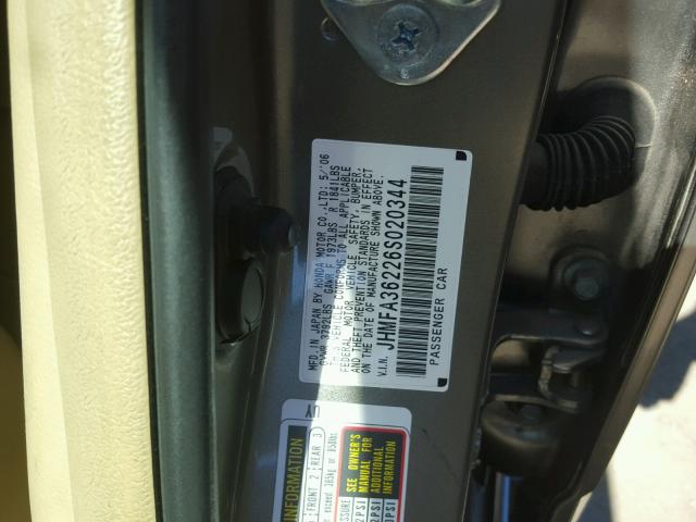 JHMFA36226S020344 - 2006 HONDA CIVIC HYBR GRAY photo 10