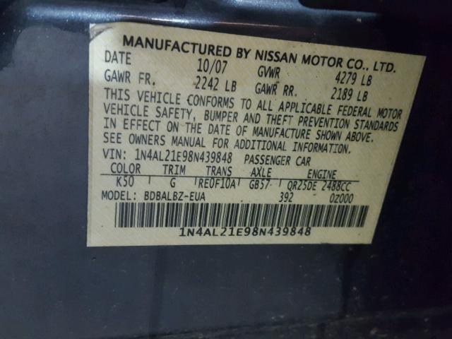 1N4AL21E98N439848 - 2008 NISSAN ALTIMA 2.5 GRAY photo 10