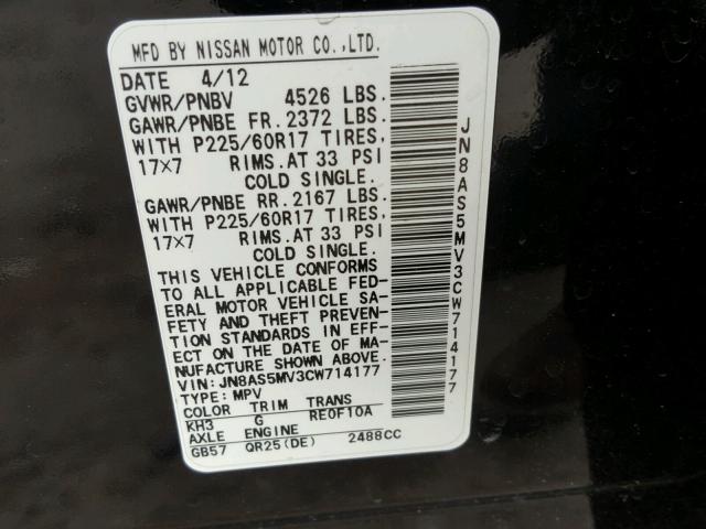 JN8AS5MV3CW714177 - 2012 NISSAN ROGUE S BLACK photo 10