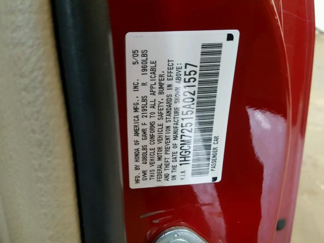 1HGCM72515A021557 - 2005 HONDA ACCORD LX RED photo 10