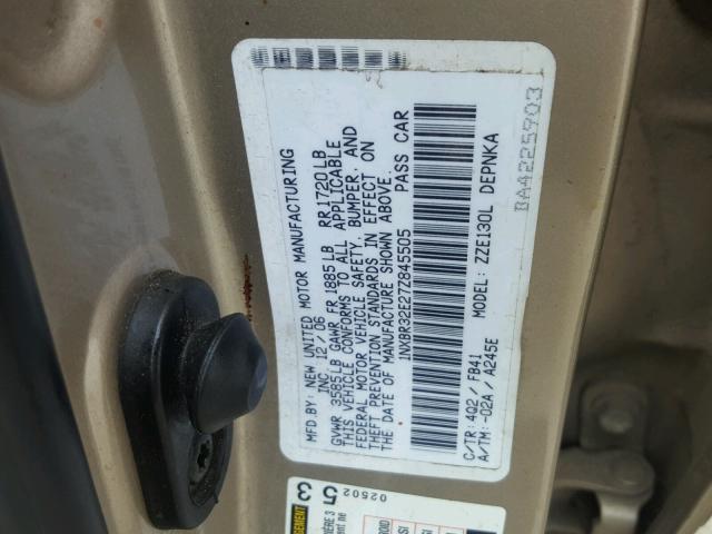 1NXBR32E27Z845505 - 2007 TOYOTA COROLLA CE GOLD photo 10