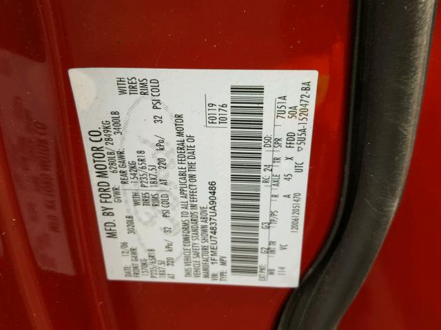 1FMEU74837UA90486 - 2007 FORD EXPLORER E RED photo 10