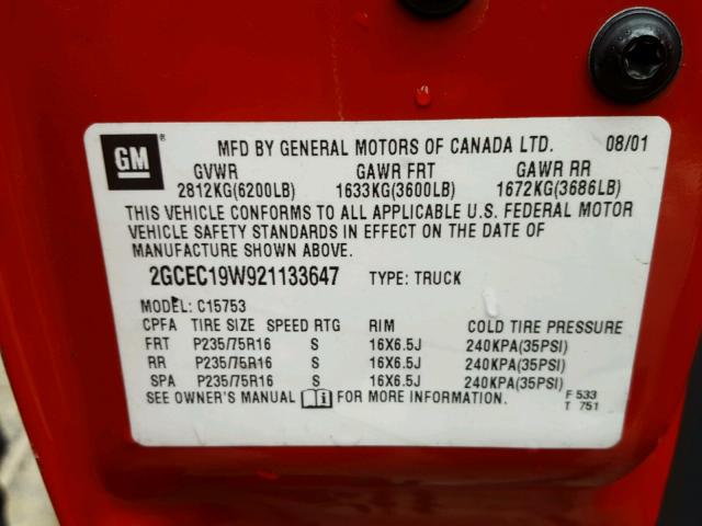 2GCEC19W921133647 - 2002 CHEVROLET SILVERADO RED photo 10