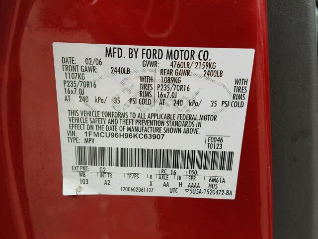 1FMCU96H96KC63907 - 2006 FORD ESCAPE HEV RED photo 10