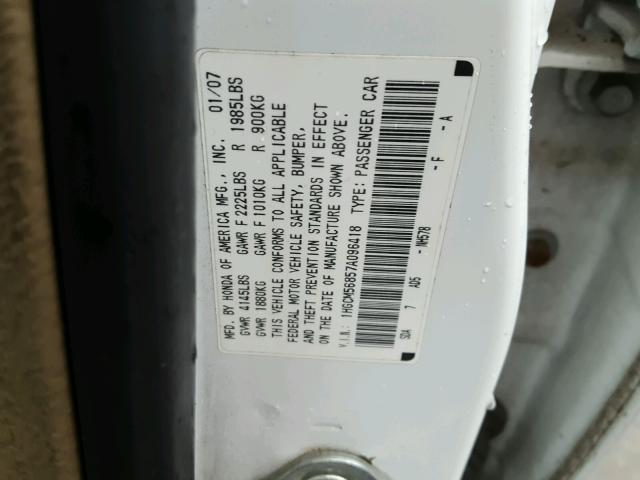 1HGCM56857A096418 - 2007 HONDA ACCORD EX WHITE photo 10