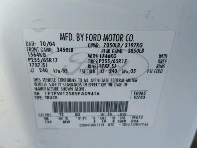 1FTPW12585FA09416 - 2005 FORD F150 SUPER WHITE photo 10