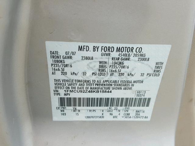 1FMCU92Z48KB15844 - 2008 FORD ESCAPE XLS SILVER photo 10