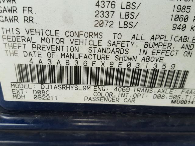 4A3AB36FX9E031359 - 2009 MITSUBISHI GALANT ES BLUE photo 10