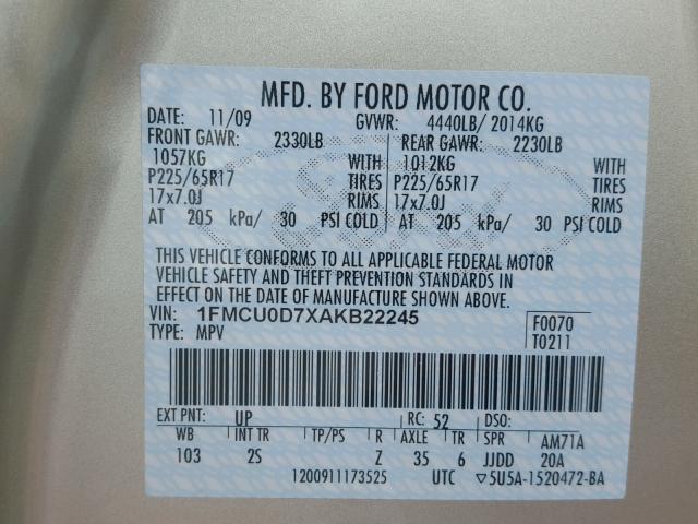 1FMCU0D7XAKB22245 - 2010 FORD ESCAPE XLT TAN photo 10