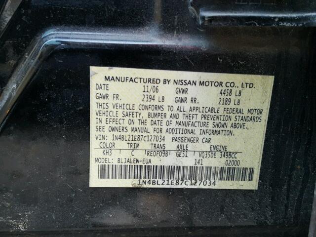 1N4BL21E87C127034 - 2007 NISSAN ALTIMA 3.5 BLACK photo 10