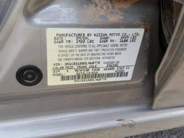 3N1CB51D85L468772 - 2005 NISSAN SENTRA 1.8 BEIGE photo 10