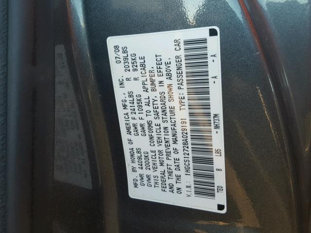 1HGCS12728A029191 - 2008 HONDA ACCORD EX GRAY photo 10