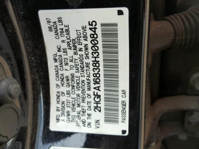 2HGFA16838H300845 - 2008 HONDA CIVIC EX BLACK photo 10