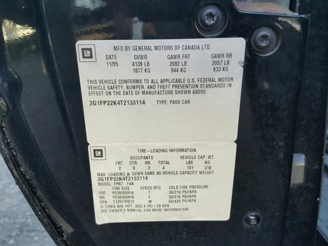 2G1FP22K4T2133114 - 1996 CHEVROLET CAMARO BAS 黑色 照片 10