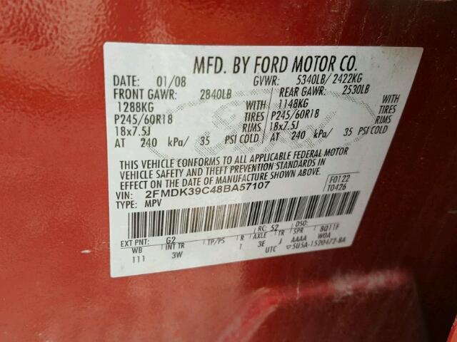 2FMDK39C48BA57107 - 2008 FORD EDGE LIMIT RED photo 10