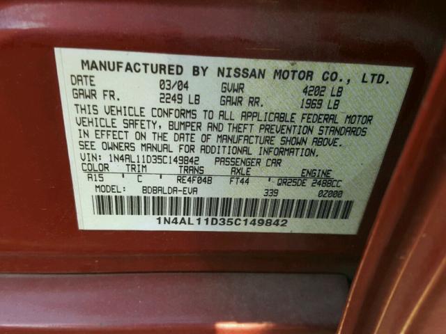 1N4AL11D35C149842 - 2005 NISSAN ALTIMA S RED photo 10