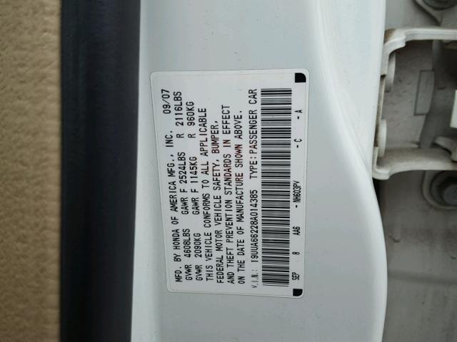 19UUA66228A014385 - 2008 ACURA TL WHITE photo 10