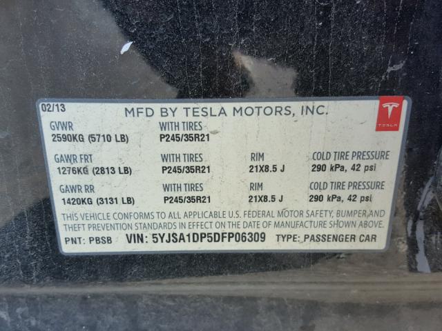 5YJSA1DP5DFP06309 - 2013 TESLA MODEL S BLACK photo 10