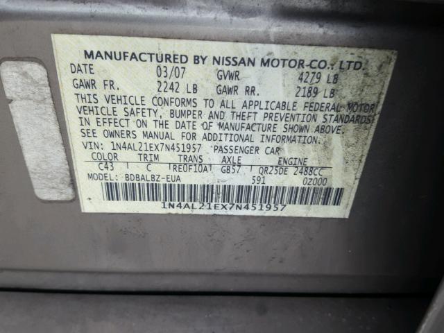 1N4AL21EX7N451957 - 2007 NISSAN ALTIMA 2.5 GOLD photo 10