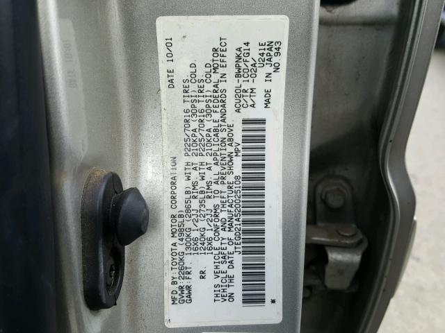 JTEGD21A520025108 - 2002 TOYOTA HIGHLANDER SILVER photo 10