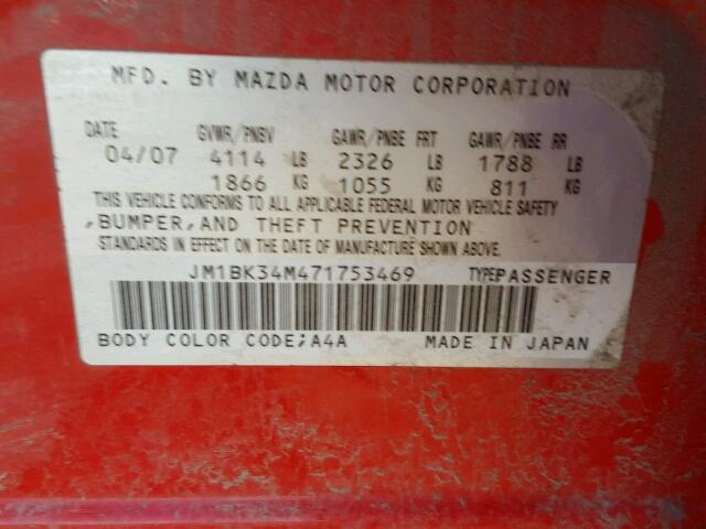 JM1BK34M471753469 - 2007 MAZDA SPEED 3 RED photo 10