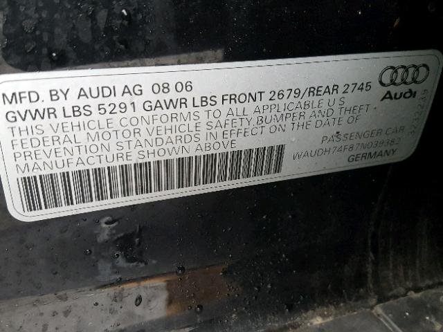 WAUDH74F87N039382 - 2007 AUDI A6 3.2 QUA BLACK photo 10