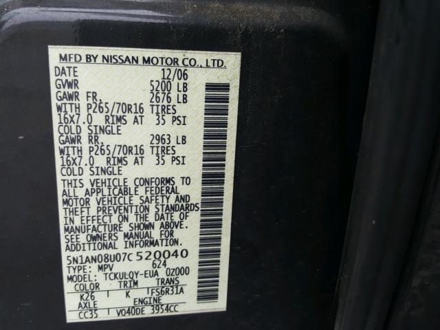 5N1AN08U07C520040 - 2007 NISSAN XTERRA OFF GRAY photo 10