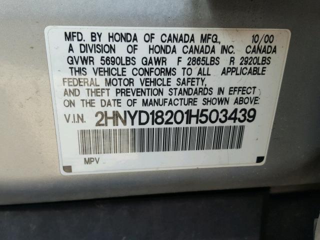 2HNYD18201H503439 - 2001 ACURA MDX SILVER photo 10