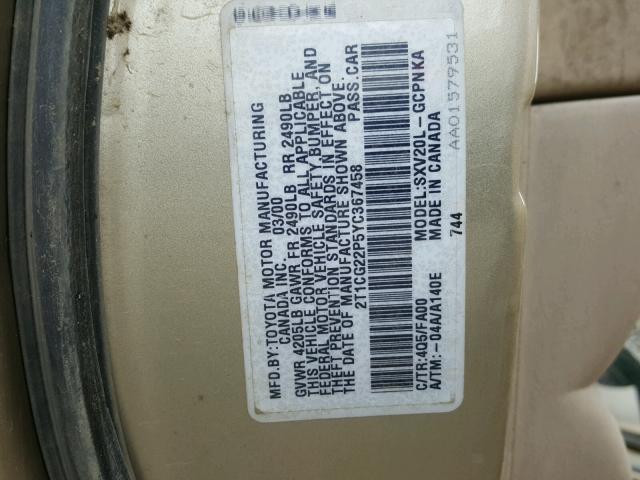 2T1CG22P5YC367458 - 2000 TOYOTA CAMRY SOLA GOLD photo 10