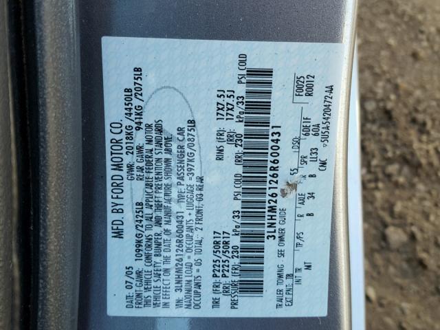 3LNHM26126R600431 - 2006 LINCOLN ZEPHYR GRAY photo 10