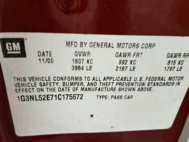 1G3NL52E71C175672 - 2001 OLDSMOBILE ALERO GL RED photo 10