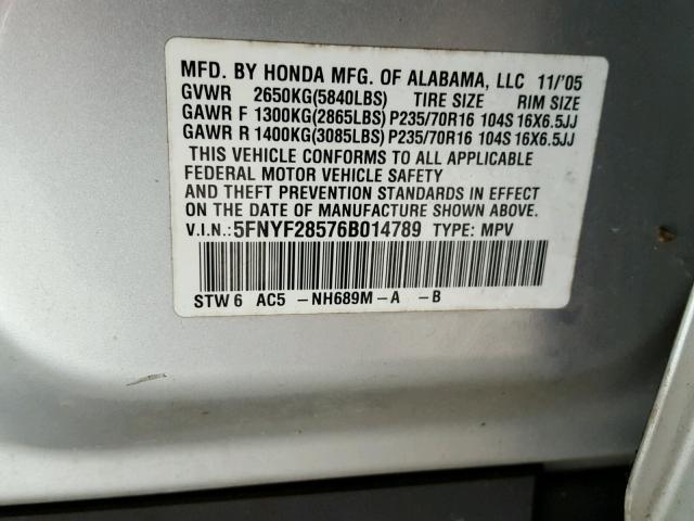 5FNYF28576B014789 - 2006 HONDA PILOT EX SILVER photo 10