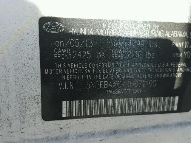 5NPEB4AC7DH671190 - 2013 HYUNDAI SONATA GLS WHITE photo 10