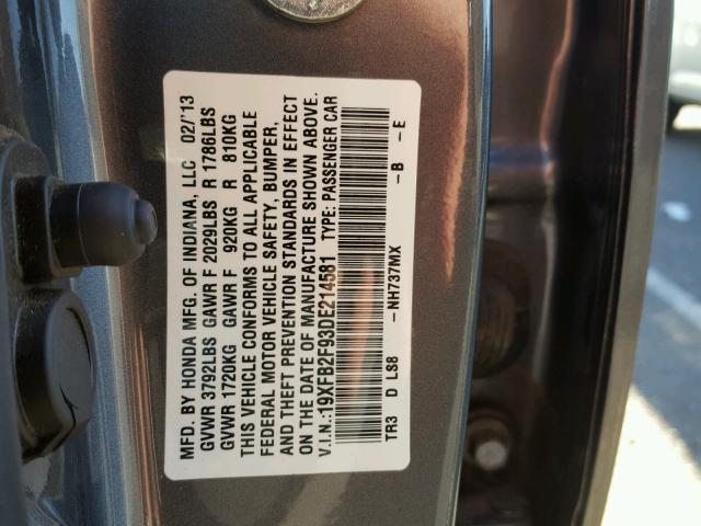 19XFB2F93DE214581 - 2013 HONDA CIVIC EXL CHARCOAL photo 10