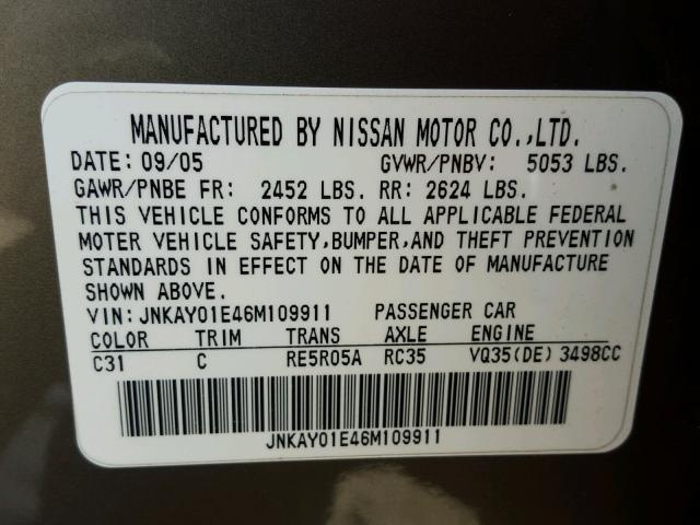 JNKAY01E46M109911 - 2006 INFINITI M35 BASE GRAY photo 10