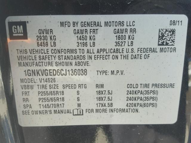 1GNKVGED6CJ136038 - 2012 CHEVROLET TRAVERSE L BLACK photo 10